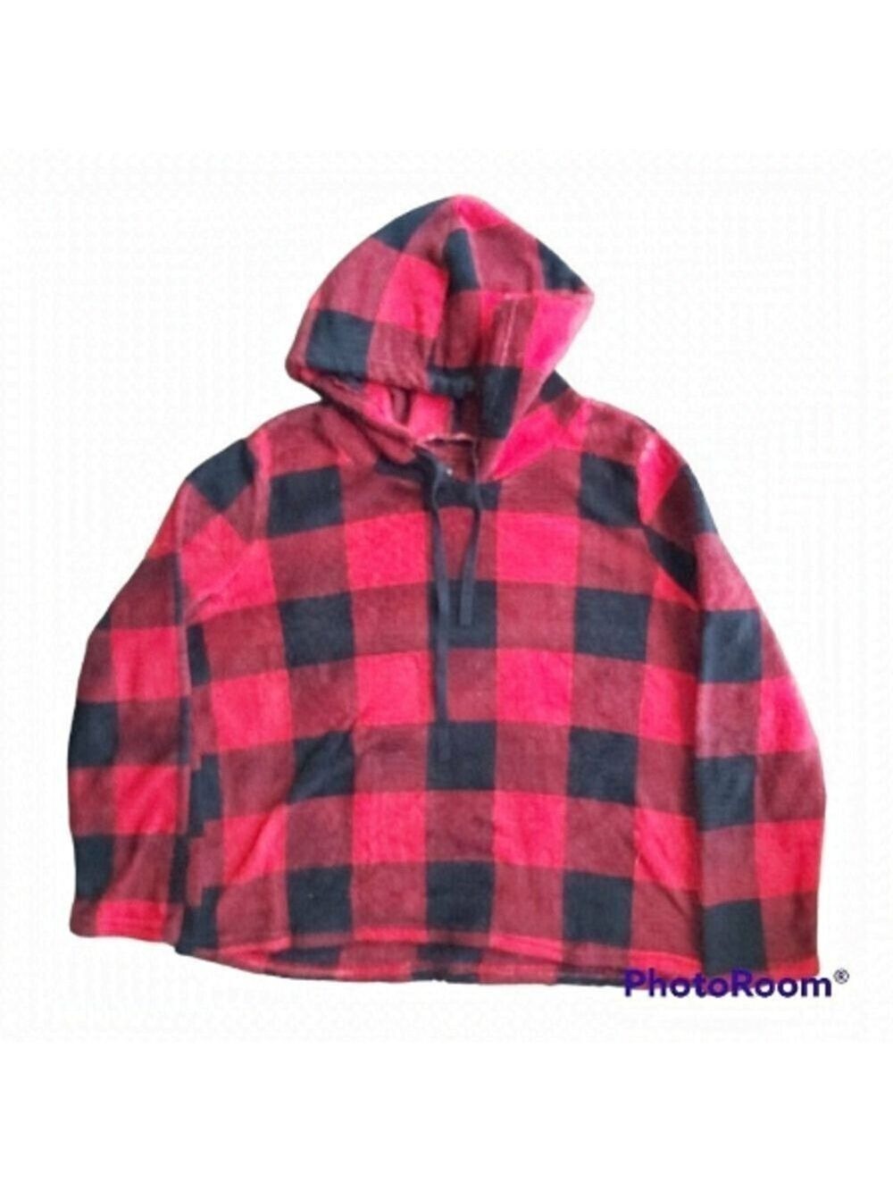 XL Boys Canada Weather Gear Red And Black Checkered Fleece Hoodie Pullover